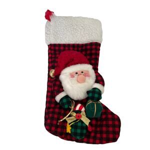 Vintage Christmas Stocking Santa International Silver Sherpa Buffalo Plaid Plush